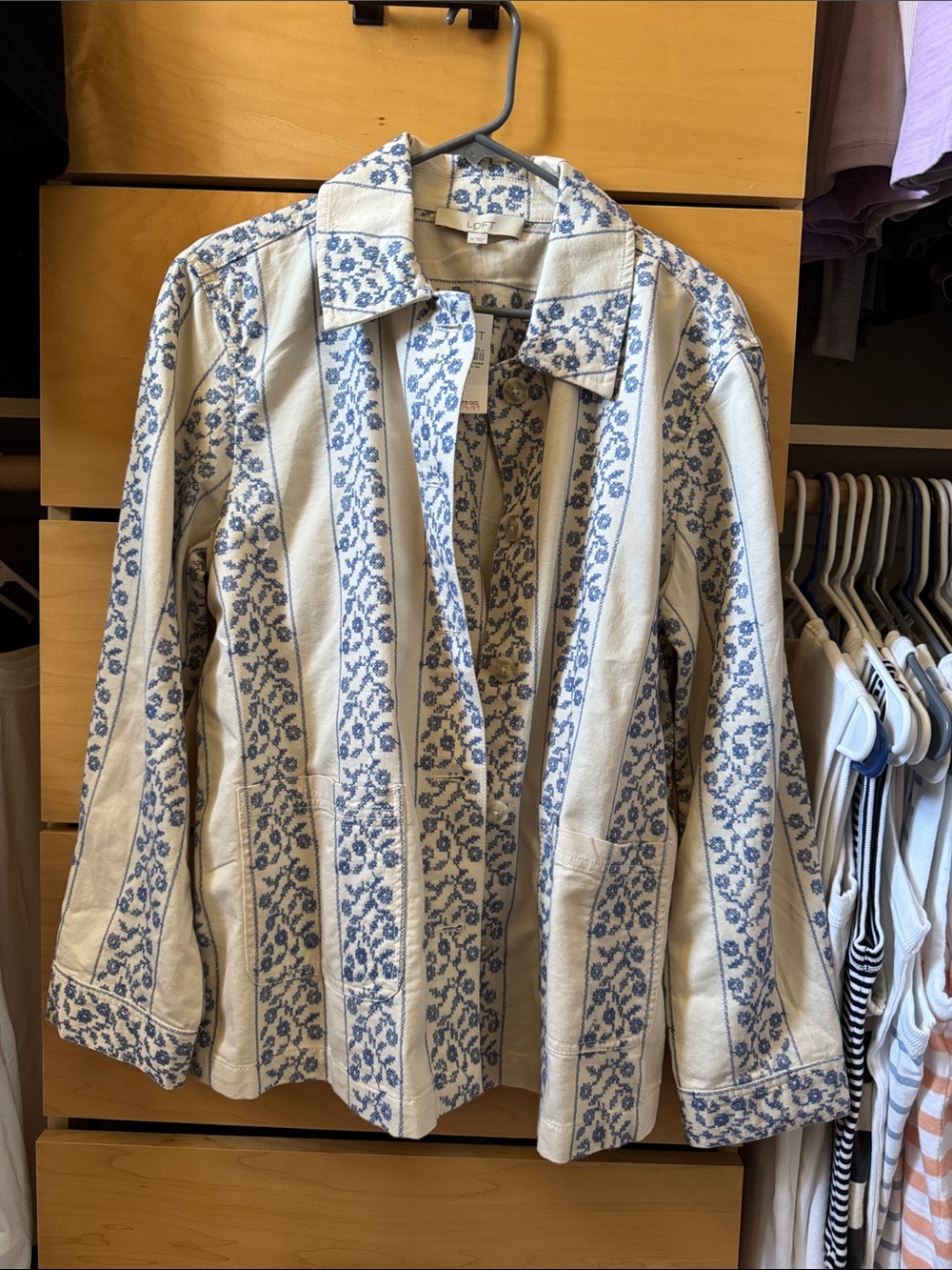 LOFT Cream Jacket with Blue Floral Stripe Pattern, Medium. NWT.